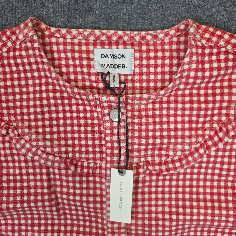 Damson Madder Mari Gilet 14 Red Gingham Ruffle Organic Cotton Button Front NWT - Picture 3 of 11